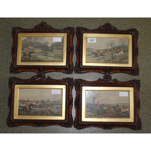 1377 - Set of four hand coloured prints, hunting scenes in original framed, bearing Arthur Ackermann & Son ... 