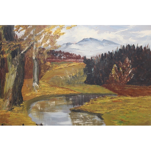 1380 - Oil on board, landscape with river, indistinctly signed, white painted frame, 25 x 32cm, together wi... 