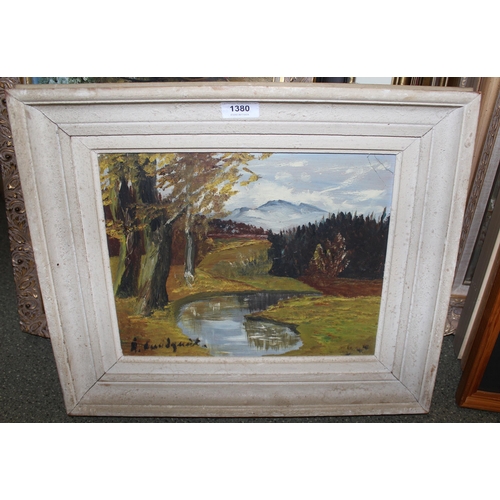 1380 - Oil on board, landscape with river, indistinctly signed, white painted frame, 25 x 32cm, together wi... 