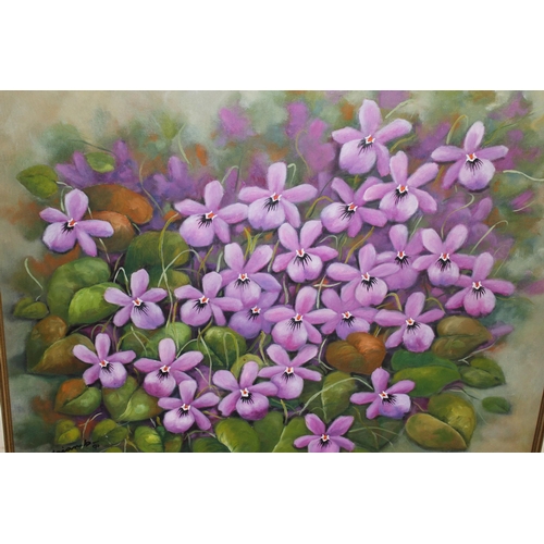 1382 - Adrian Bentley (Paraguayan), oil painting on canvas, violets, signed, bearing label bearing, 58 x 67... 