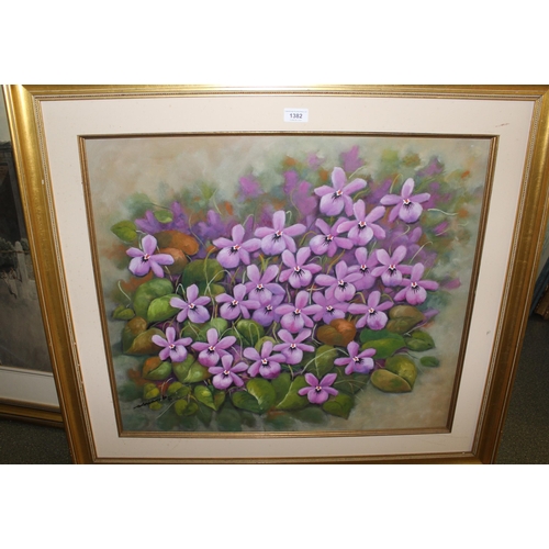 1382 - Adrian Bentley (Paraguayan), oil painting on canvas, violets, signed, bearing label bearing, 58 x 67... 