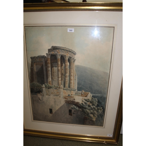 1383 - Large 19th Century watercolour, ' The Tempio Di Vesta ', with figure stacking wood, unsigned, 70 x 5... 