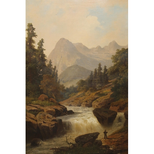 1384 - Large 19th Century oil on canvas, mountain river scene with figure before waterfall, indistinctly si... 