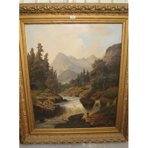 1384 - Large 19th Century oil on canvas, mountain river scene with figure before waterfall, indistinctly si... 