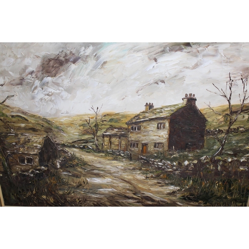 1387 - Margaret Yeadon, 20th Century oil on board, farm at Baildon Moor, Yorkshire, signed, 50 x 75cm, fram... 