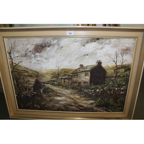 1387 - Margaret Yeadon, 20th Century oil on board, farm at Baildon Moor, Yorkshire, signed, 50 x 75cm, fram... 