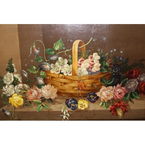 1391 - J. Brooker, oil on board, still life of flowers in a basket on a stone ledge, signed, 40 x 60cm, in ... 