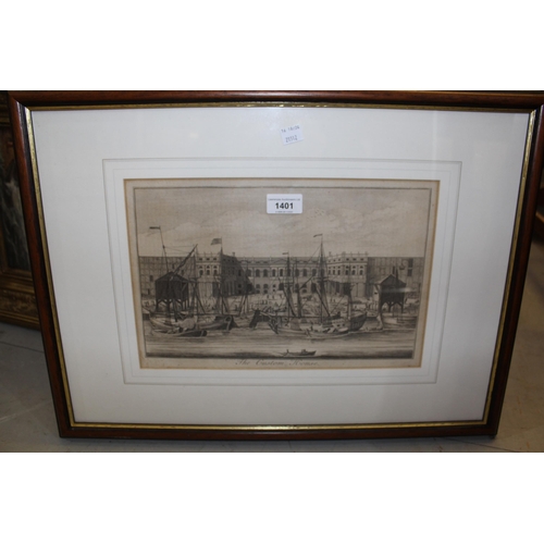 1401 - Framed antique black and white antique engraving ' A Custom House ', 20 x 30.5cm, framed