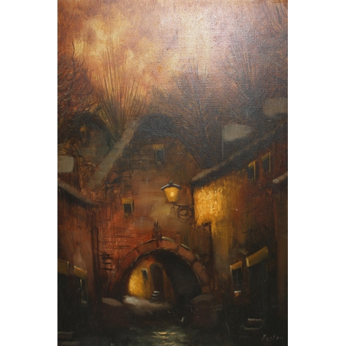 1402 - 20th Century oil on canvas, street scene by moonlight, signed Foster, 60 x 49cm, gilt framed