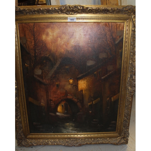 1402 - 20th Century oil on canvas, street scene by moonlight, signed Foster, 60 x 49cm, gilt framed