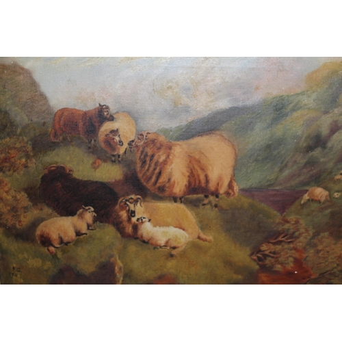 1404 - Early 20th Century oil on canvas, sheep in a Highland landscape, signed with initials N.G. dated 191... 