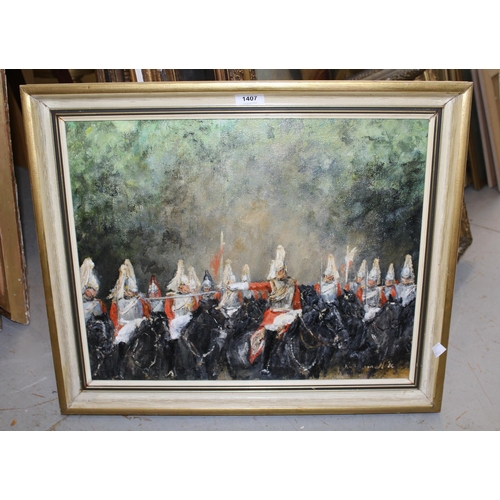 1407 - Ruth Linnell, 20th Century oil on canvas, ' The Household Calvary ', signed and dated 86, 40 x 50cm,... 