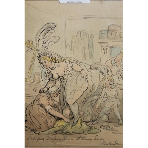 1408 - After Thomas Rowlandson, watercolour, ' The Actresses Dressing Room At Drury Lane ', bearing signatu... 