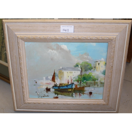 1411 - Terry Burke, pair of oil paintings on board, coastal scenes, 20 x 25cm, framed, together with a wate... 