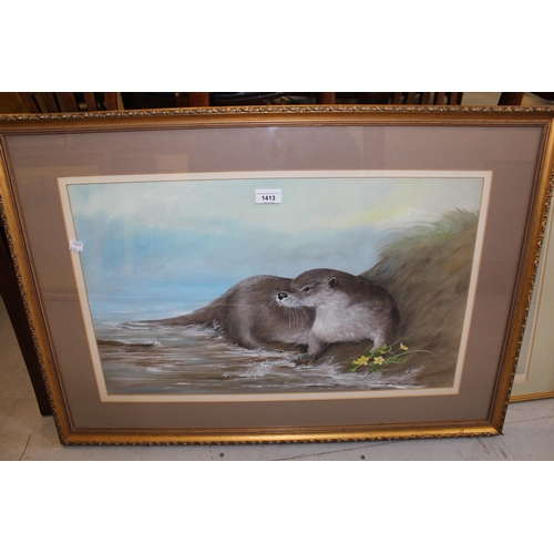 1413 - Anthony J. Smith, watercolour, study of an otter, signed, 38 x 63cm, gilt framed, together with anot... 