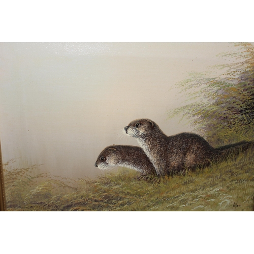 1414 - Oil on canvas, study of two otters, signed Nanee, 29 x 39cm, gilt framed, together with a pair of Jo... 