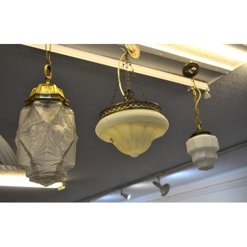 1422 - Opaque glass and brass ceiling light and two other similar smaller light fittings