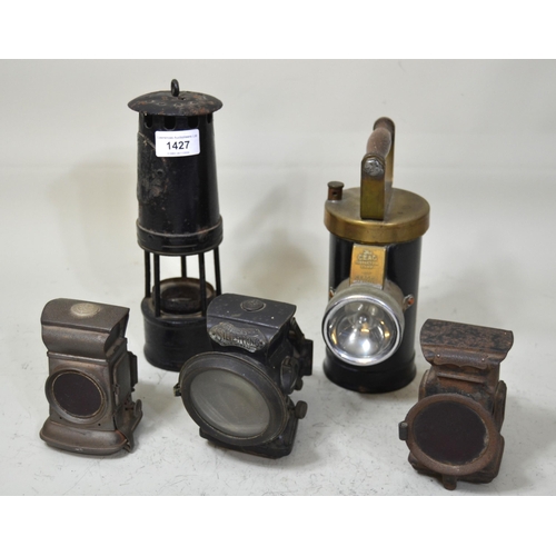 1427 - Miner's safety lamp, Ceag brass mounted inspection lamp and four early bicycle lamps