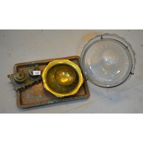 1432 - Brass two bottle ink stand, mid century moulded glass hanging light and sundries