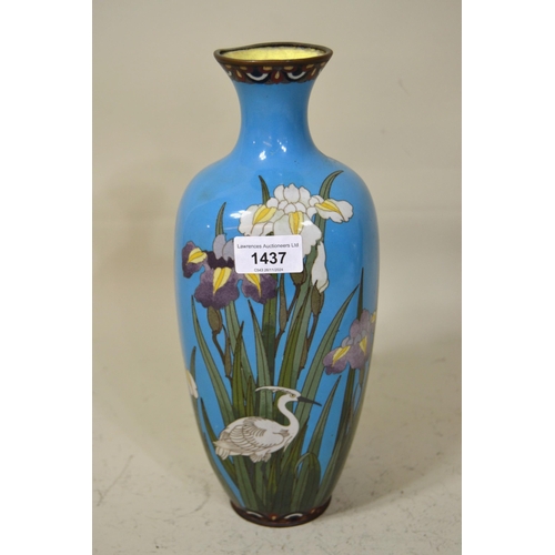 1437 - 20th Century cloisonne vase decorated with iris and a heron, 30cm high