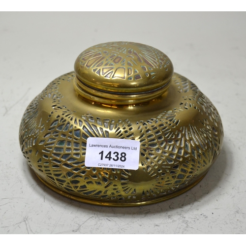 1438 - Tiffany style brass copper and glass pine needle pattern inkwell, 18cm diameter, marked 5 to the bas... 