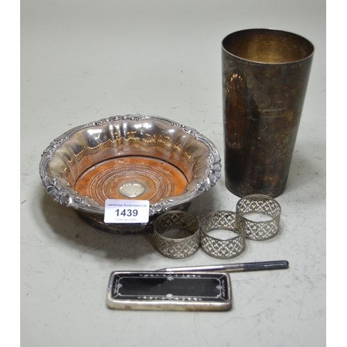 1439 - Silver plated wine bottle coaster, silver and tortoiseshell cover and sundries