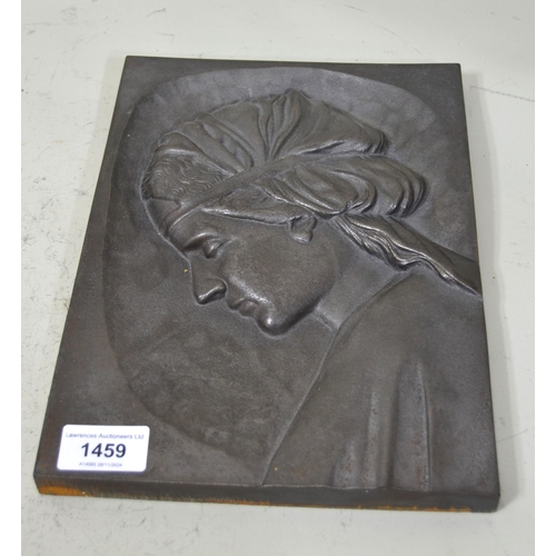 1459 - Small cast iron plaque relief decorated with a profile portrait of a classical maiden, 27 x 20cm