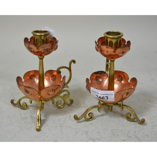 1463 - Pair of Arts & Crafts copper and brass candlesticks, 13cm high