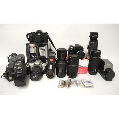 147 - Collection of various SLR cameras and lenses, and other outfits including Canon, Tamron, various fil... 