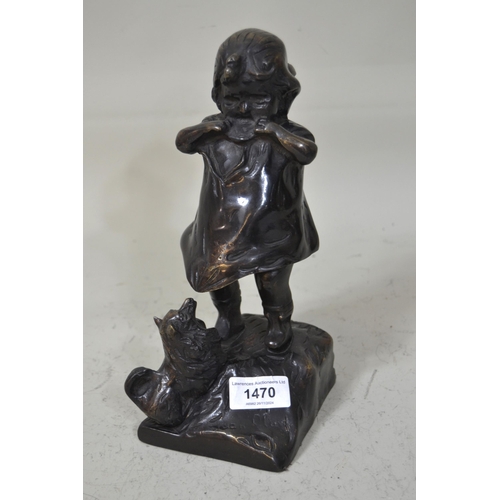 1470 - Modern dark patinated bronze figure of a girl with a small dog, bearing signature, 25cm high