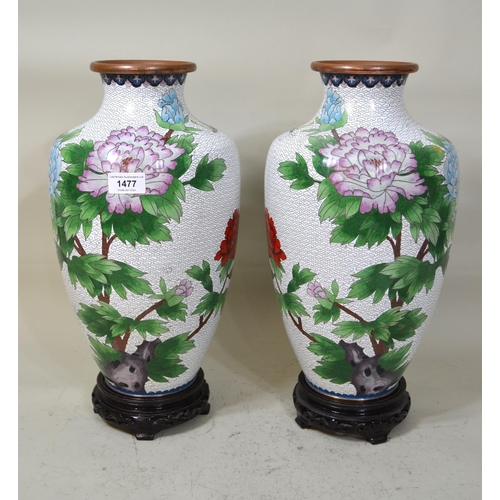 1477 - Pair of 20th Century cloisonne bird and floral baluster form vases on white ground, 39cm high, on ha... 