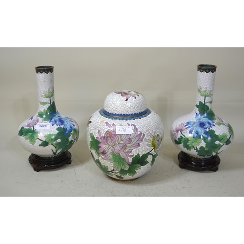 1478 - Pair of 20th Century cloisonne vases, having bird and floral decoration on a white ground with hardw... 