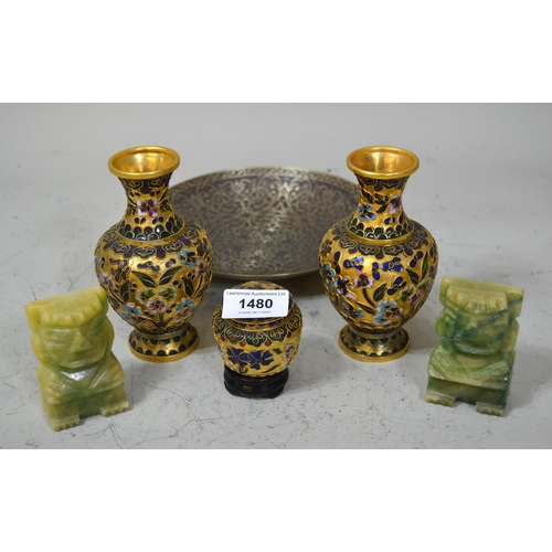 1480 - Pair of modern cloisonne baluster form vases, similar pot on hardwood stand, metal dish, and pair of... 