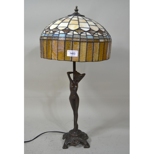 1483 - Art Nouveau style bronzed composition figural table lamp with leaded glass shade