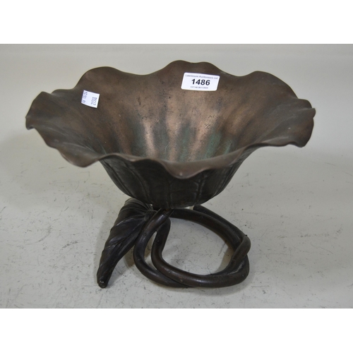 1486 - Brown patinated bronze vase in the form of a lily, 26cm diameter x 16cm high