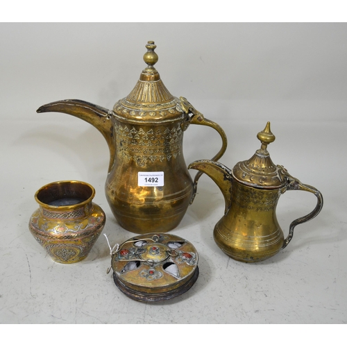 1492 - Islamic round bulbous shaped Dallah coffee pot, 29cm high, similar smaller coffee pot, 20.5cm high, ... 