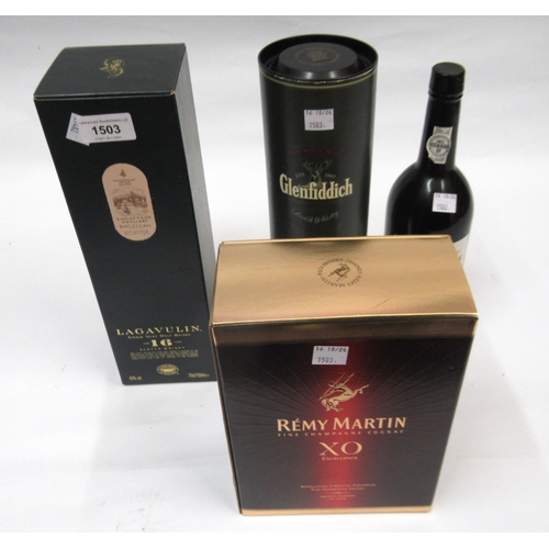 1503 - One bottle, Lagavulin single Islay malt whisky, boxed, together with one bottle, Glenfiddich Ancient... 