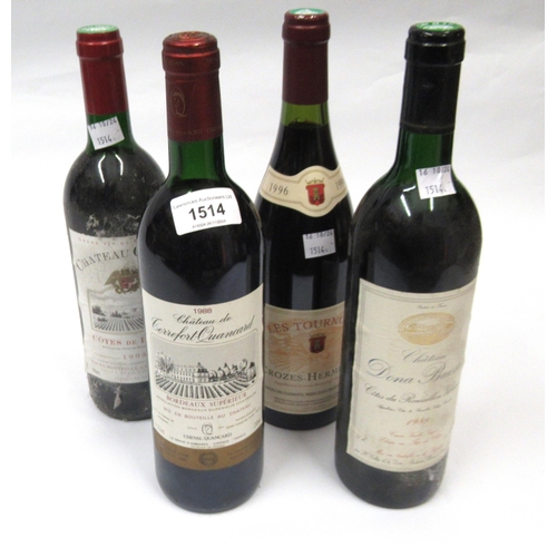 1514 - Four bottles of various Bordeaux: one bottle 1988 Terrefort-Quancard, one bottle Chateau Cagnas 1993... 