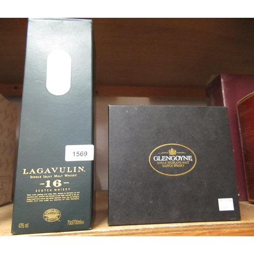 1569 - One bottle, Lagavulin single Islay malt whisky, 16 years aged, boxed, together with a miniature bott... 