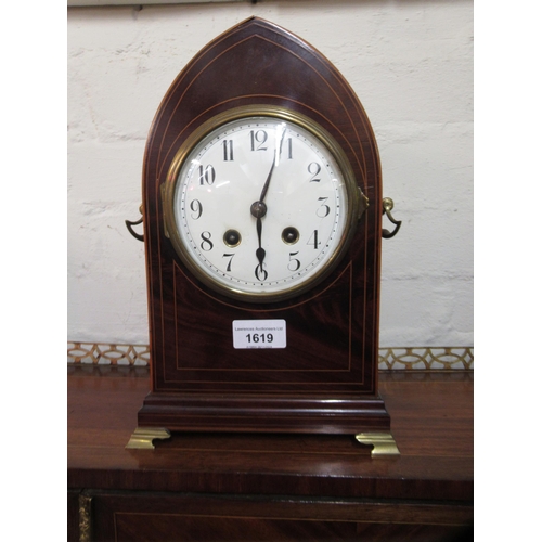 1619 - Edwardian mahogany and line inlaid lancet shaped mantel clock, with enamel dial, Arabic numerals and... 