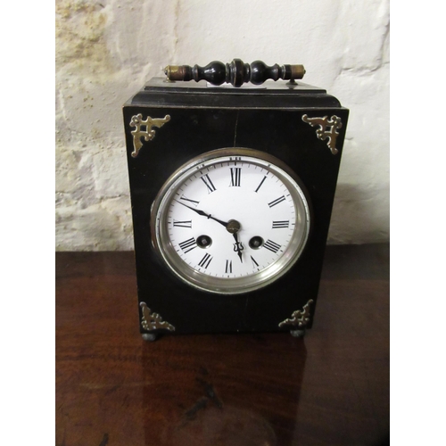 1620 - 19th Century black slate two train mantel clock, 35cm high, together with a small ebonised two train... 