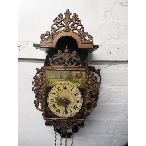 1621 - Reproduction Dutch walnut cased wall clock with painted dial, together with another similar clock