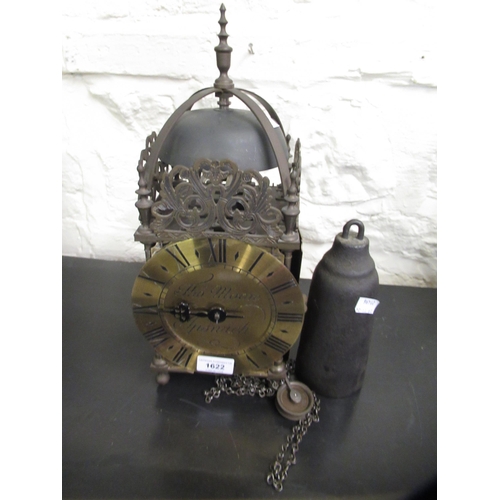 1622 - Reproduction brass lantern clock, bearing signature Thomas Moore, Ipswich, with a weight driven move... 