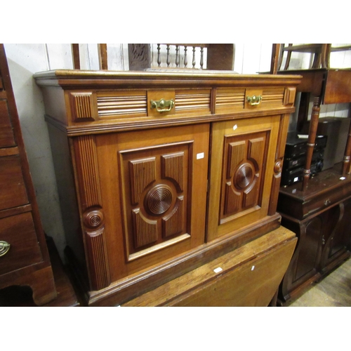 1650 - 19th Century aesthetic movement mahogany sideboard, having two short moulded drawers with brass swan... 