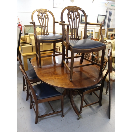 1672 - Reproduction mahogany D-end dining table on splayed reeded supports, with one extra leaf,  together ... 