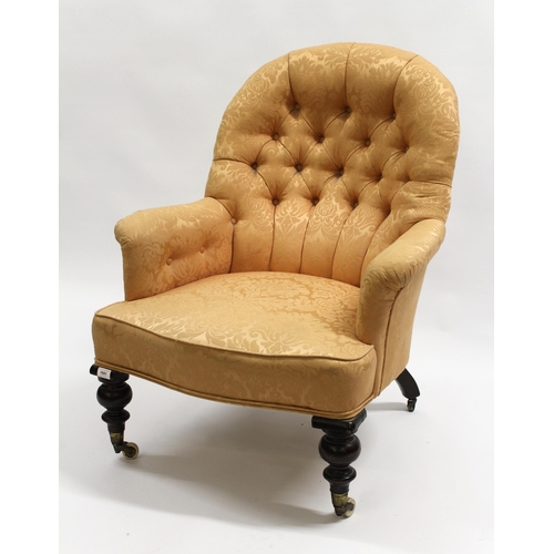 1691 - Victorian button damask upholstered tub shaped drawing room chair on turned front supports