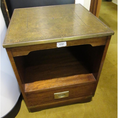 1731 - Reproduction mahogany military style bedside cabinet with a green tooled leather top above an alcove... 