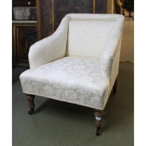 1737 - Victorian cream damask upholstered tub shaped drawing room chair on turned supports, together with a... 