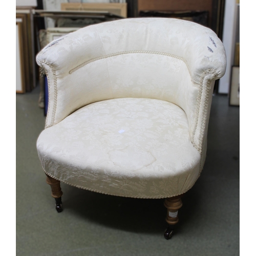 1737 - Victorian cream damask upholstered tub shaped drawing room chair on turned supports, together with a... 