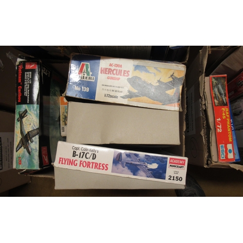 174 - Five boxes containing a quantity of unbuilt model aircraft kits, including Airfix, Revel, Italeri an... 